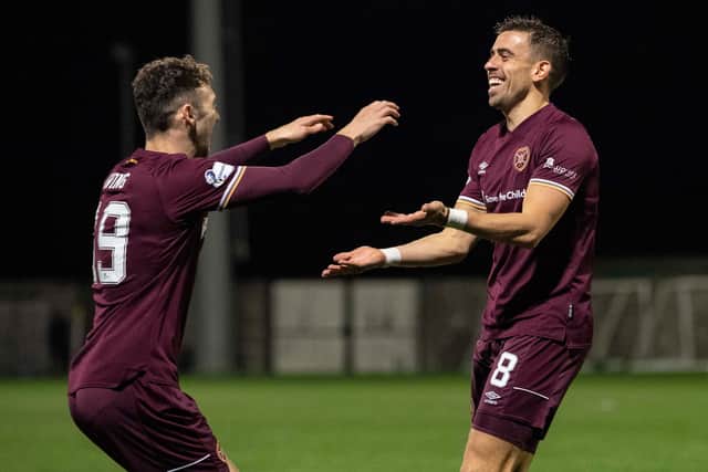 Hearts' Olly Lee celebrates his second goal at East Fife with Andy Irving.