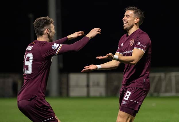 Hearts' Olly Lee celebrates his second goal at East Fife with Andy Irving.