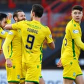 Hib's Martin Boyle (centre left) celebrates his opening goal during his side's Premiership win over Hamiton. Photo by Rob Casey / SNS Group