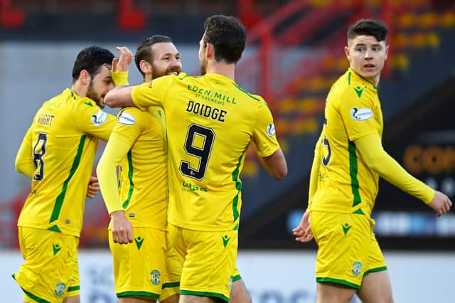 Hib's Martin Boyle (centre left) celebrates his opening goal during his side's Premiership win over Hamiton. Photo by Rob Casey / SNS Group