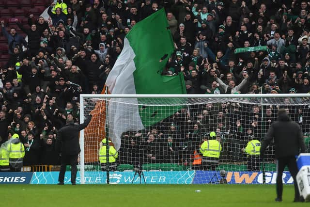 Celtic manager Ange Postecoglou celebrates with the Celtic fans at Motherwell. (Photo by Craig Foy / SNS Group)