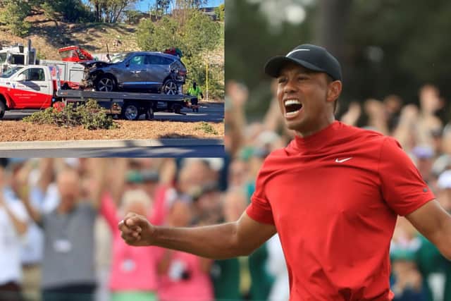 Tiger Woods has had surgery following a serious car crash which majorly damaged his vehicle (inset) (Credit: Getty Images/PA Media)