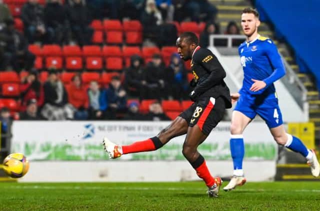 PERTH, SCOTLAND - MARCH 02: Glen Kamara scores to make it 1-0 during a Cinch Premiership match between St Johnstone and Rangers at McDermid Park, on March 02, in Perth, Scotland.  (Photo by Rob Casey / SNS Group)