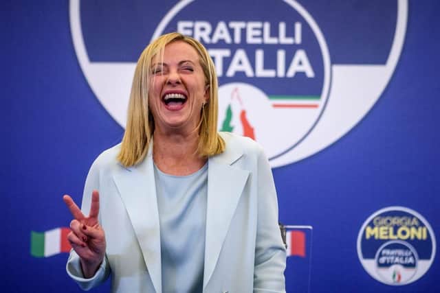 Giorgia Meloni, leader of the Fratelli d'Italia (Brothers of Italy) reacts during a press conference at the party electoral headquarters overnight, after her party looked set to win the general election. The snap election was triggered by the resignation of Prime Minister Mario Draghi in July, following the collapse of his big-tent coalition of leftist, right-wing and centrist parties.