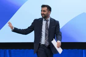 First Minister and SNP leader Humza Yousaf discusses the Independence Strategy Resolution during the second session at the SNP annual conference at The Event Complex Aberdeen (TECA) in Aberdeen.