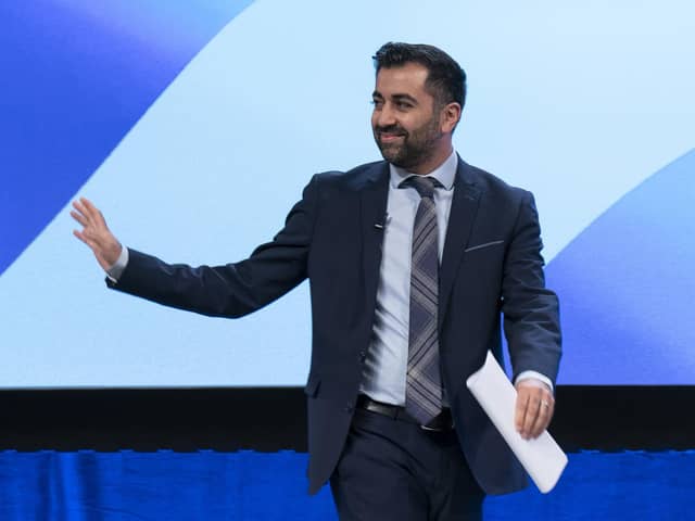 First Minister and SNP leader Humza Yousaf discusses the Independence Strategy Resolution during the second session at the SNP annual conference at The Event Complex Aberdeen (TECA) in Aberdeen.