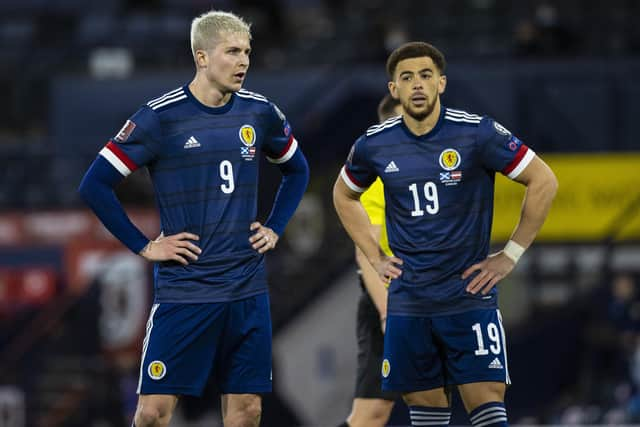 Scotland's Lyndon Dykes (left) and Che Adams failed to train with the squad ahead of the trip to Poland to face Ukraine. (Photo by Craig Williamson / SNS Group)