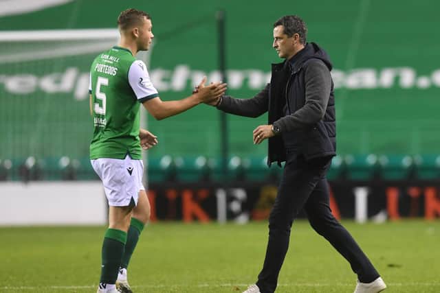 Hibs manager Jack Ross (right) has raised concerns over the abuse suffered by Ryan Porteous in the wake of his red card at Rangers. (Photo by Craig Foy / SNS Group)