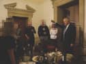 The then prime minister Boris Johnson (right) at a leaving gathering in the vestibule of the Press Office of 10 Downing Street, London,.