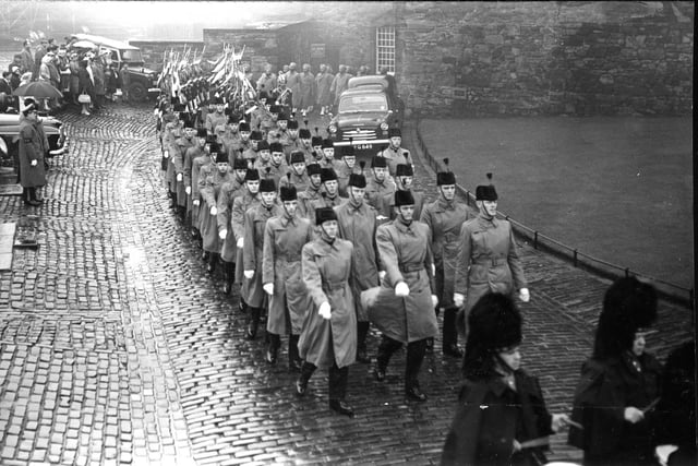 Members of the Canadian Black Watch marching to the Edinburgh Military Tattoo in 1962.