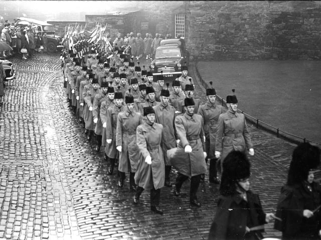 Members of the Canadian Black Watch marching to the Edinburgh Military Tattoo in 1962.