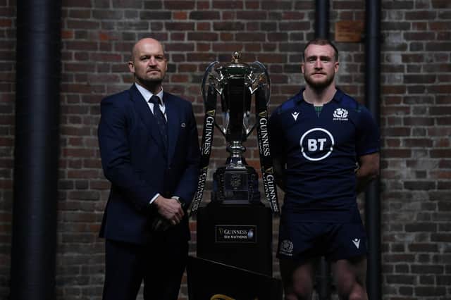 Scotland coach Gregor Townsend and captain Stuart Hogg with the Six Nations trophy. CVC will invest £365m in the tournament. Picture: Mike Hewitt/Getty Images
