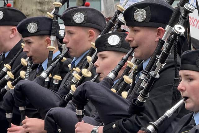 Members of the Oban High School Pipe Band at the Tartan Day Parade in New York