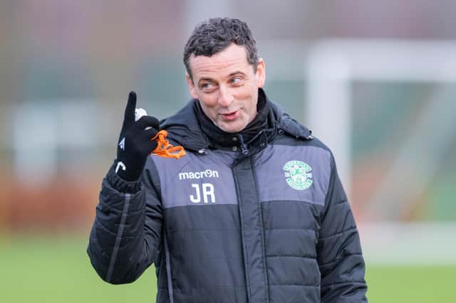 Hibs boss Jack Ross puts his players through their paces in training ahead of Saturday's game against Dundee United. Photo by Mark Scates / SNS Group