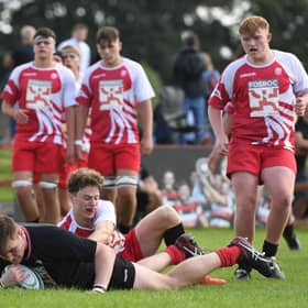 Edinburgh's Ollie Blyth-Lafferty scores a try during a FOSROC Academy fixtures at Stirling Rugby Club, on July 31, 2022.  (Photo by Ross MacDonald / SNS Group)