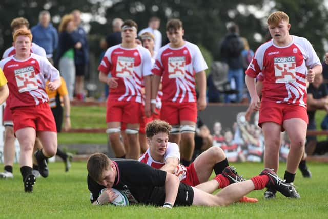 Edinburgh's Ollie Blyth-Lafferty scores a try during a FOSROC Academy fixtures at Stirling Rugby Club, on July 31, 2022. (Photo by Ross MacDonald / SNS Group)
