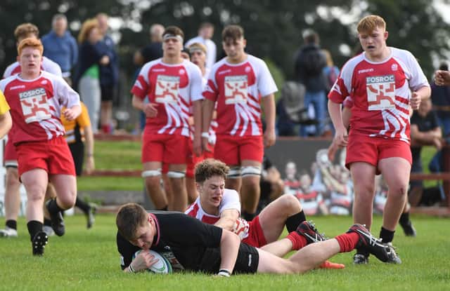 Edinburgh's Ollie Blyth-Lafferty scores a try during a FOSROC Academy fixtures at Stirling Rugby Club, on July 31, 2022.  (Photo by Ross MacDonald / SNS Group)