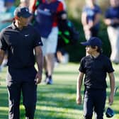Tiger Woods and son Charlie during the pro-am ahead of the PNC Championship at the Ritz Carlton Golf Club in Orlando, Florida. Picture: Douglas P. DeFelice/Getty Images.
