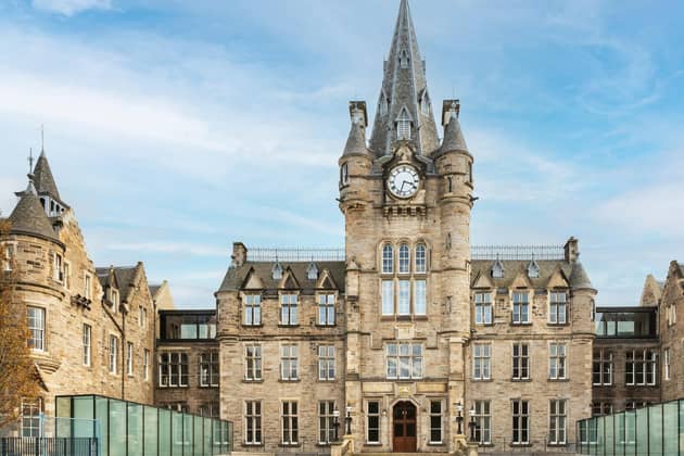 The grand front entrance of the new Edinburgh Futures Institute, the result of a major 'recycling' project which has transformed the historical Royal Infirmary of Edinburgh building into a state-of-the-art innovation hub and public space