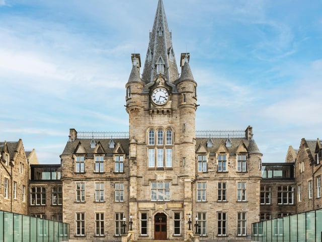 The grand front entrance of the new Edinburgh Futures Institute, the result of a major 'recycling' project which has transformed the historical Royal Infirmary of Edinburgh building into a state-of-the-art innovation hub and public space