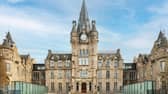 The grand front entrance of the new Edinburgh Futures Institute, the result of a major 'recycling' project which has transformed the historical Royal Infirmary of Edinburgh building into a state-of-the-art innovation hub and public space
