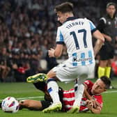 Kieran Tierney in action for Real Socieded against Athletic Bilbao on Saturday prior to going off injured. (Photo by CESAR MANSO/AFP via Getty Images)