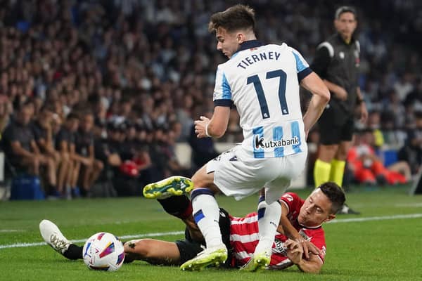 Kieran Tierney in action for Real Socieded against Athletic Bilbao on Saturday prior to going off injured. (Photo by CESAR MANSO/AFP via Getty Images)