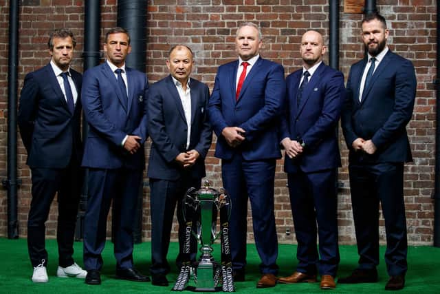 Six Nations head coaches, from left: France's Fabien Galthie, Italy's Franco Smith, England's Eddie Jones, Wales' Wayne Pivac, Scotland's Gregor Townsend and Ireland's Andy Farrell. Picture: Tolga Akmen/AFP via Getty Images