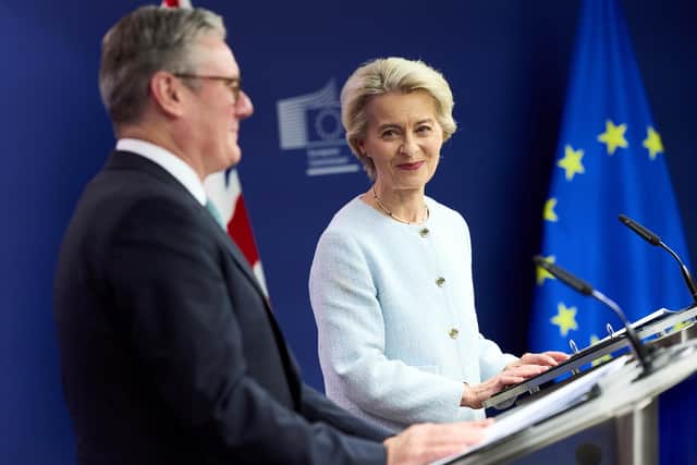 Prime Minister Keir Starmer and European Commission president Ursula von der Leyen speak to the press at the European Commission headquarters during his visit to Brussels. Picture: Benjamin Cremel/PA Wire