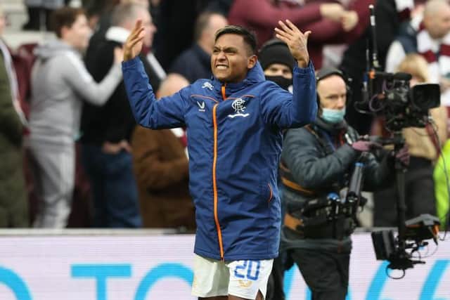 A revitalised Alfredo Morelos, pictured celebrating at full-time at Tynecastle on Sunday, has scored four goals in five starts for Rangers under Giovanni van Bronckhorst. (Photo by Craig Williamson / SNS Group)