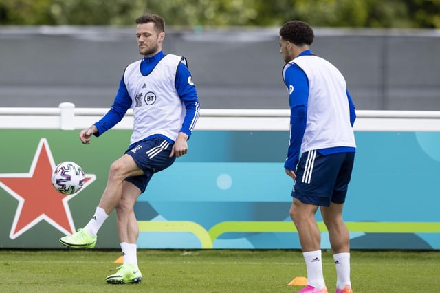 Liam Cooper (left) and Che Adams during yesterday's Scotland training session at Rockliffe Park (Photo by Craig Williamson / SNS Group)