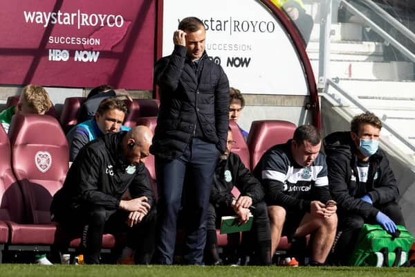 Hibs manager Shaun Maloney cuts a dejected figure during the 3-1 defeat by Hearts.
