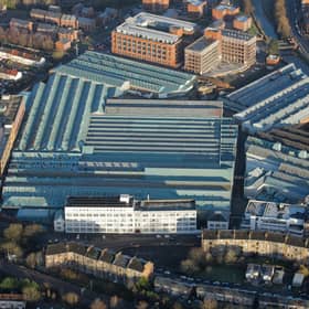 An aerial view of the Celeros Flow Technology site at Cathcart, Glasgow.