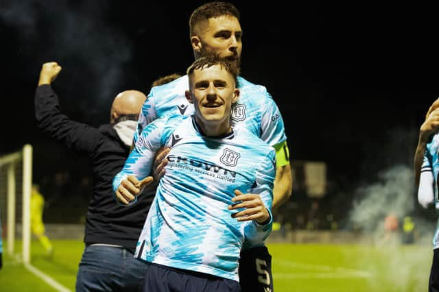 Dundee's Luke McCowan celebrates after scoring to make it 1-0 over Ayr United at Somerset Park. (Photo by Craig Brown / SNS Group)