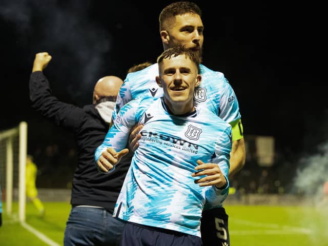 Dundee's Luke McCowan celebrates after scoring to make it 1-0 over Ayr United at Somerset Park. (Photo by Craig Brown / SNS Group)