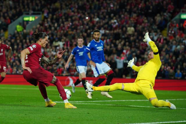 Rangers goalkeeper Allan McGregor deny Darwin Nunez on one of the three occasions he thwarted the Liverpool attacker in a superb Anfield showing that reaffirmed the 40-year-old's brilliance, and spared his team much greater pain than endured with the eventual 2-0 loss  (Photo by Peter Byrne/PA Wire).