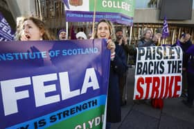 Further education lecturers hold a rally outside the Scottish Parliament amid an ongoing dispute that's become a rear-guard action in defence of the college sector (Picture: Jeff J Mitchell/Getty Images)