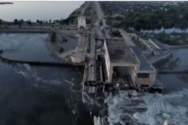 This image made from video provided by Ukraine's Presidential Office shows the damaged Kakhovka dam near Kherson, Ukraine. Picture: Ukraine's Presidential Office via AP