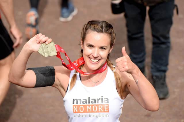 Charlie Webster finishes the London Marathon in 2019. Picture: Jeff Spicer/Getty Images