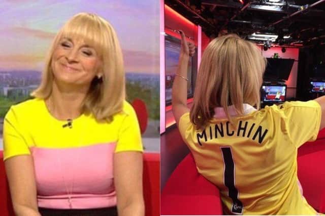 Louise's famous 'Battenberg' dress which she wore in 2016, along with the strip she was sent by Hearts FC in appreciation.
