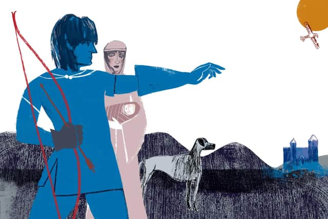 Jill Calder's illustration of a youthful Robert the Bruce, with his wife and baby at their castle in Turnberry.