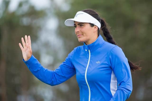 Kelsey MacDonald waves to the crowd at Dumbarnie Links as she maintained her strong display on home soil. Picture: Tristan Jones