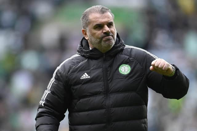 Celtic manager Ange Postecoglou celebrates the win over Rangers.