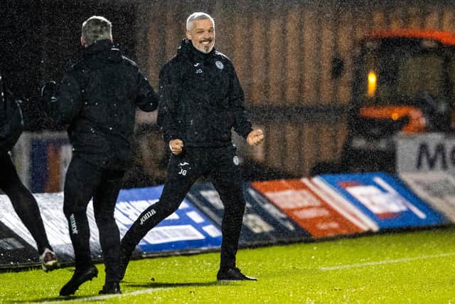 St Mirren manager Jim Goodwin celebrates as his side defeat Rangers in the Betfred Cup. Picture: SNS