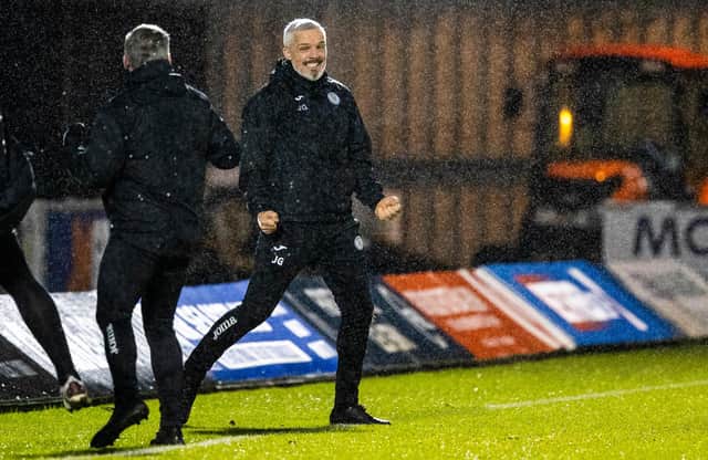St Mirren manager Jim Goodwin celebrates as his side defeat Rangers in the Betfred Cup. Picture: SNS
