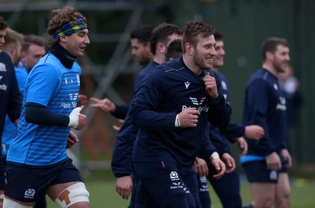 Matt Fagerson, centre, and Jamie Ritchie, left, train with the Scotland Six Nations squad at Oriam on Tuesday.  (Photo by Craig Williamson / SNS Group)