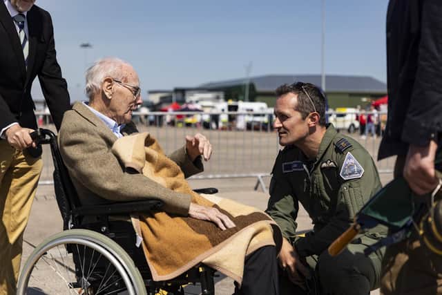 RAF pilots pay tribute to a 99-year-old Scottish World War II veteran during a Friends and Families day. 
