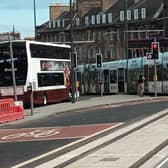 A tram leaving Picardy Place for Newhaven on the final day of testing on the three-mile extension on Tuesday. Picture: The Scotsman