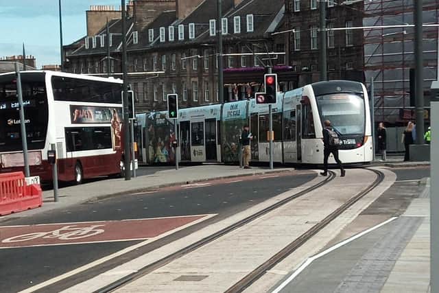 A tram leaving Picardy Place for Newhaven on the final day of testing on the three-mile extension on Tuesday. Picture: The Scotsman