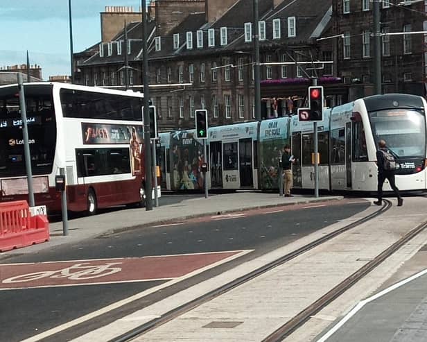 A tram leaving Picardy Place for Newhaven on the final day of testing on the three-mile extension on Tuesday. Picture: The Scotsman